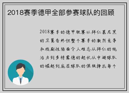 2018赛季德甲全部参赛球队的回顾